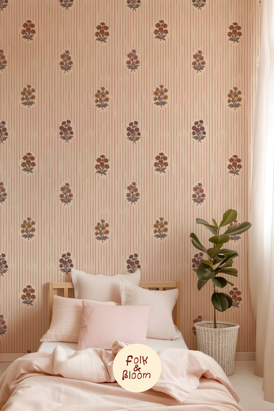 Soft flower print wallpaper for girls’ rooms in Scandinavian folklore style.