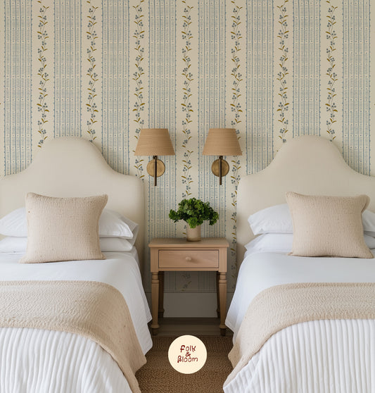 Children's Wallpaper - Botanical Stripes Blue