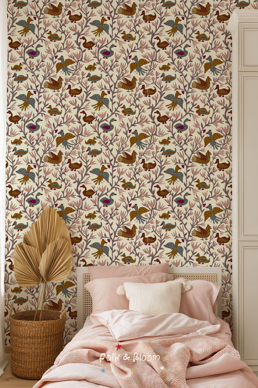 Children's Wallpaper - Folk Birds Ochre
