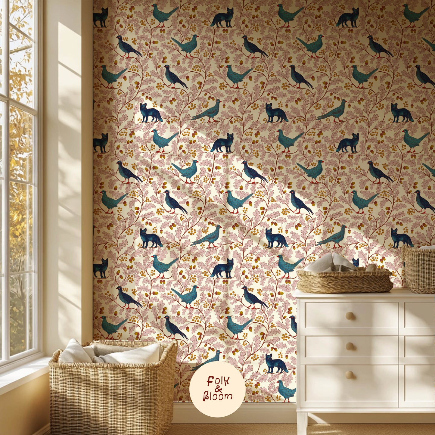 Children's wallpaper on roll - Fox and Pheasant Pink