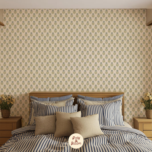 Floral kids wallpaper in botanical folklore style, soft flower pattern on non-woven or vinyl material, perfect for modern girls’ rooms.