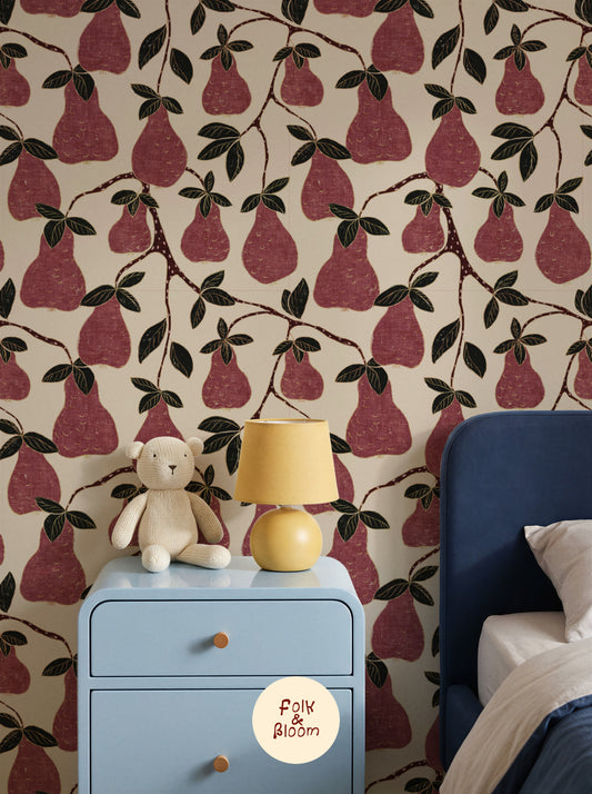 Children's Wallpaper - Pears Burgundy