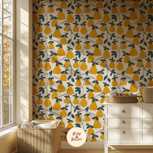 Nursery wallpaper on roll - Pears Yellow