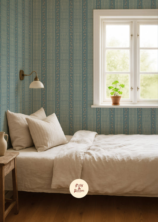 Children's Wallpaper - Botanical Stripes Dark Blue