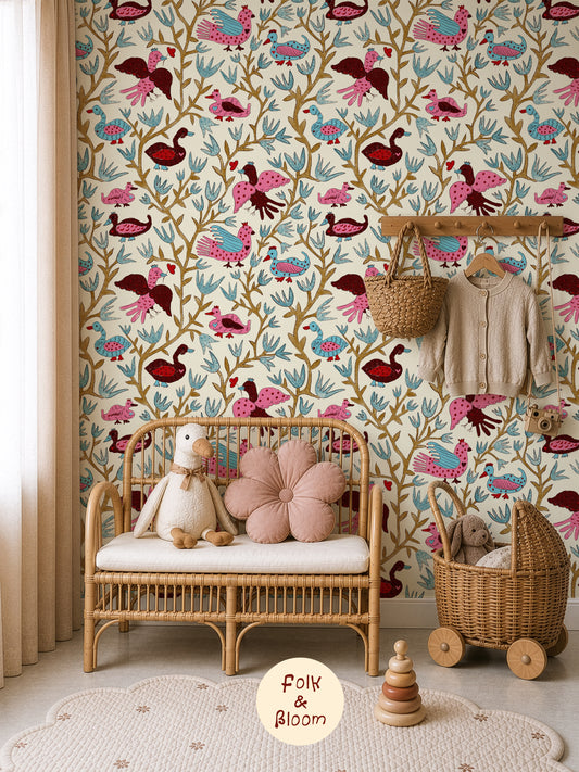 Children's Wallpaper - Folk Birds Hot Pink