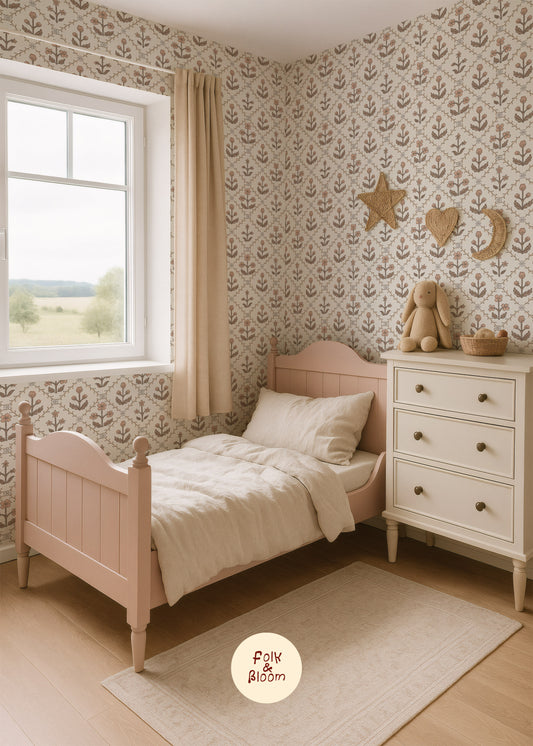 pink flowers folklore wallpaper for girls room