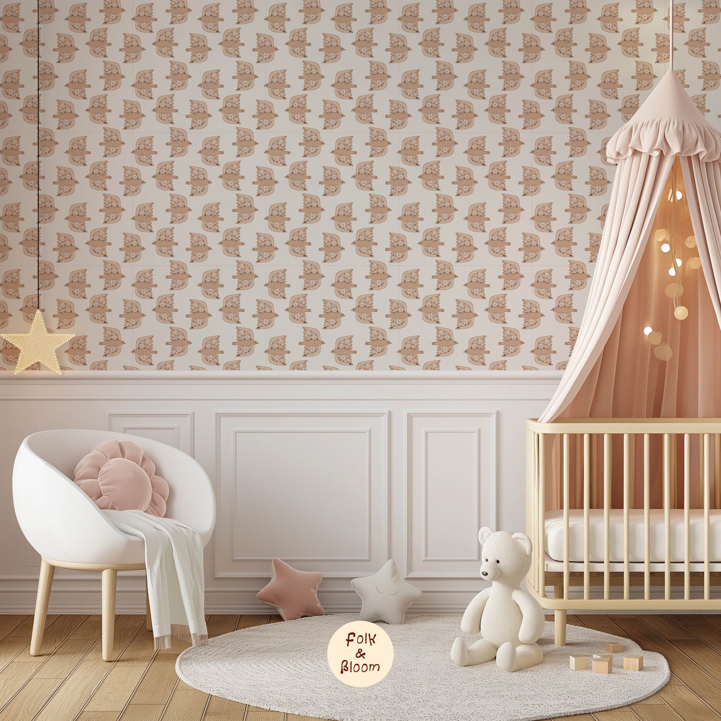 Children's wallpaper on roll - Folk Birds Beige