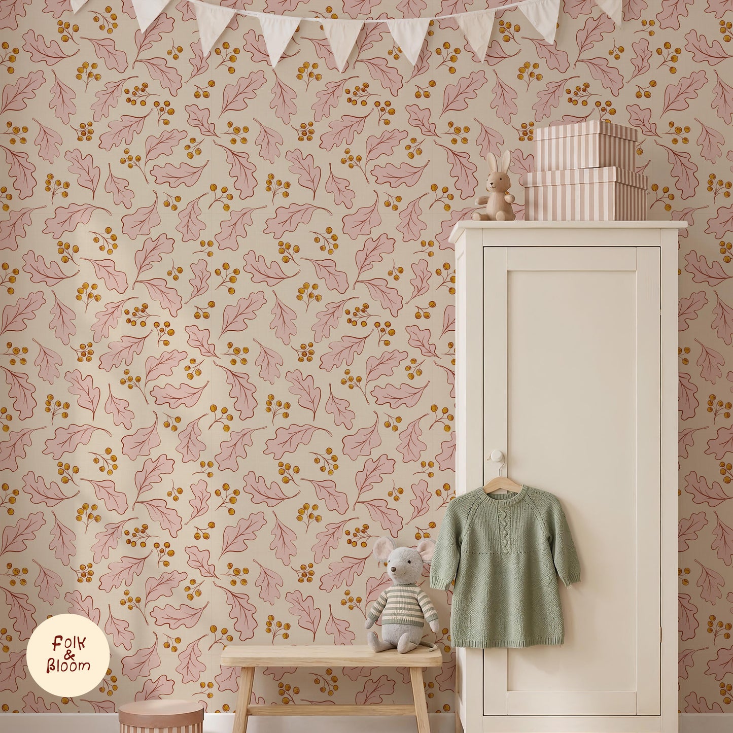 Woodland-inspired kids' room with Pink oak leaves wallpaper