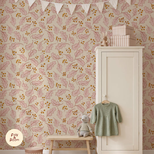 Woodland-inspired kids' room with Pink oak leaves wallpaper
