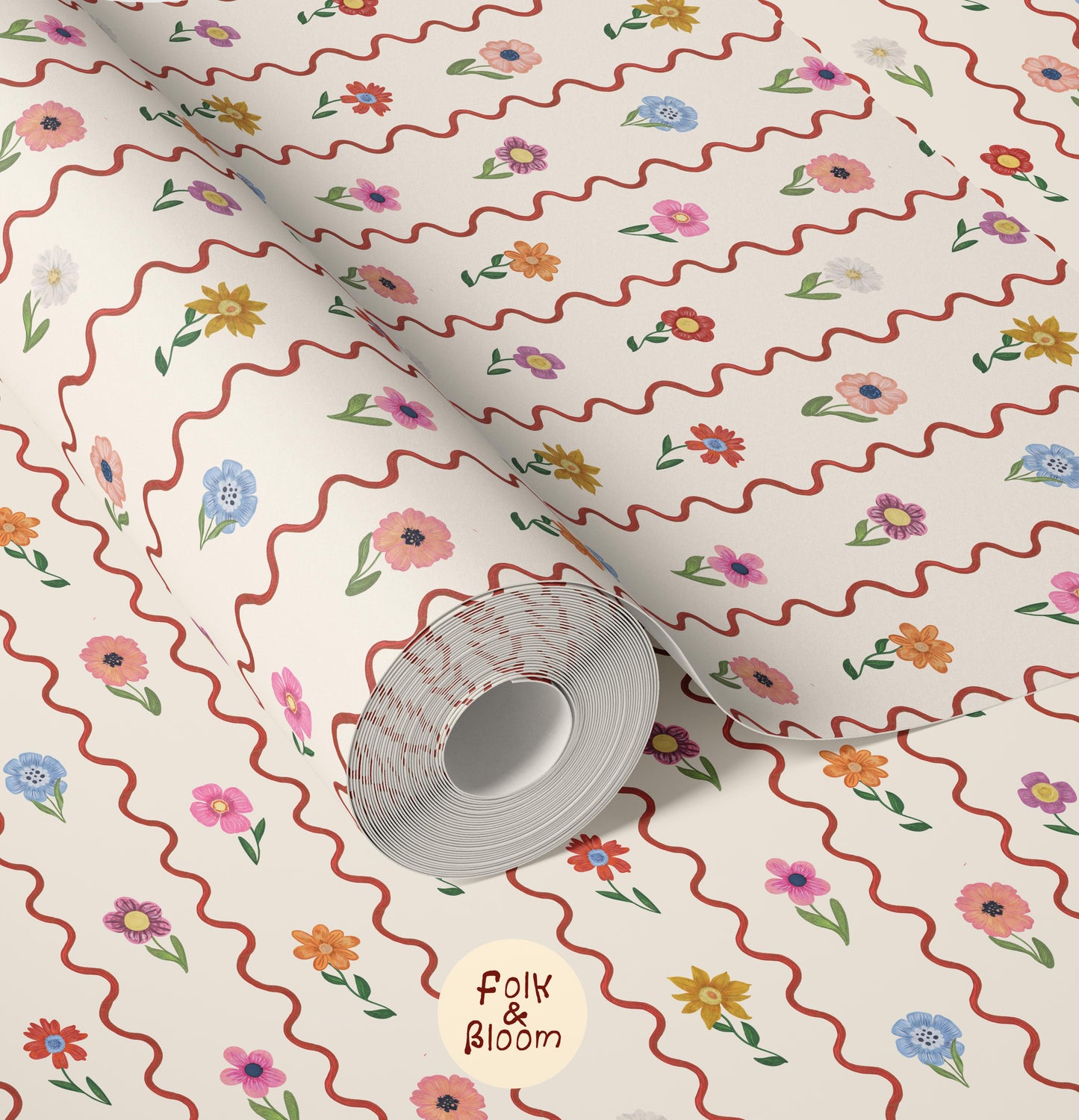 Custom-fit striped wallpaper with wiggly stripes and flowers