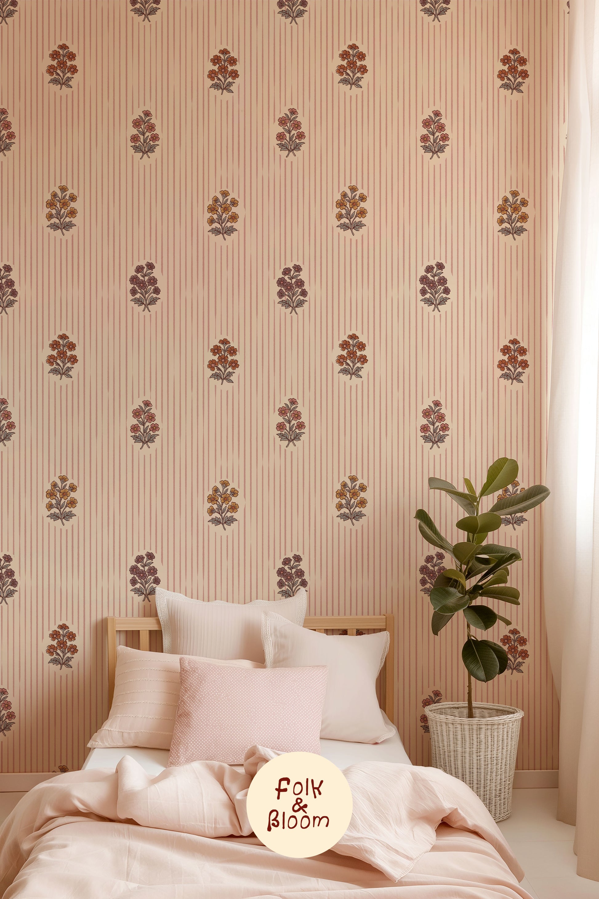Soft flower print wallpaper for girls’ rooms in Scandinavian folklore style.