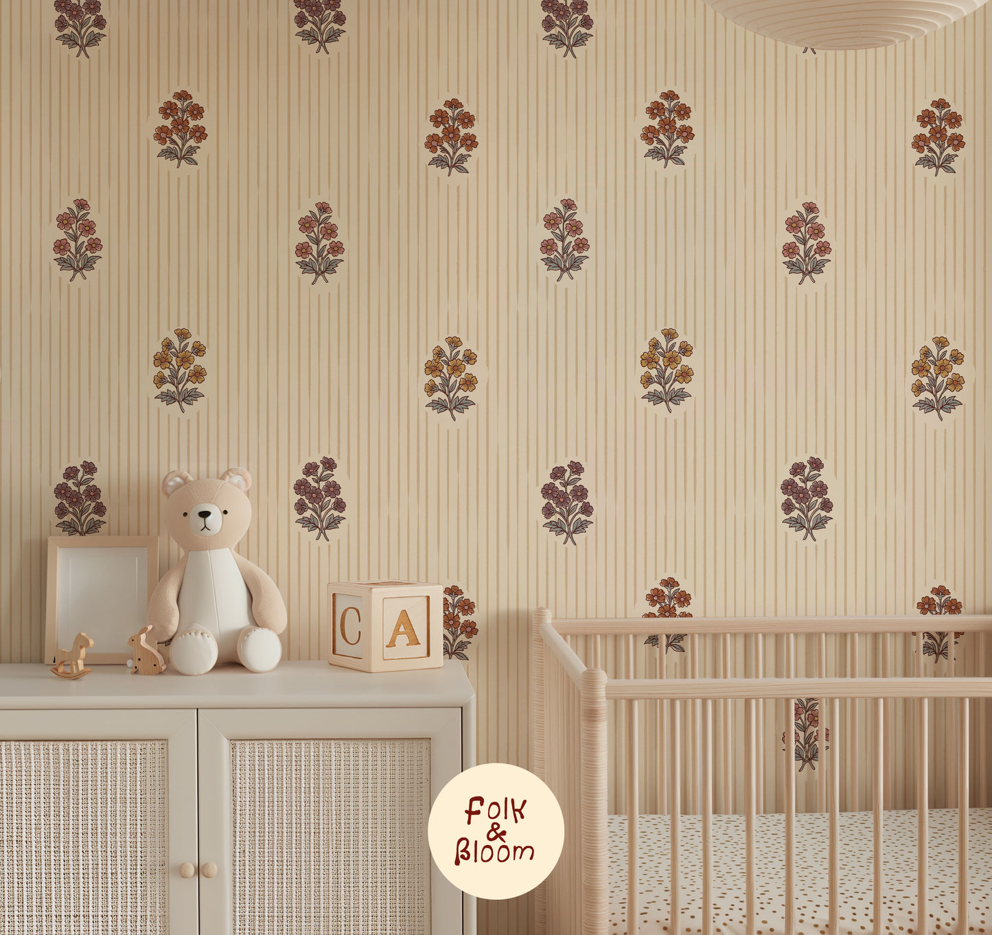 india block print flower wallpaper for nurseries and kids rooms 