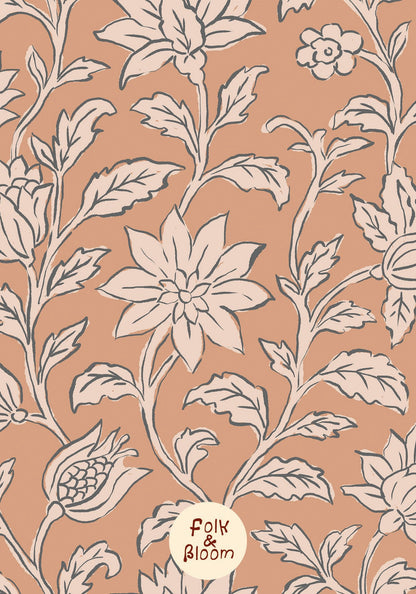 Folklore floral blockprint wallpaper mural for a cosy room with delicate terracotta flowers.