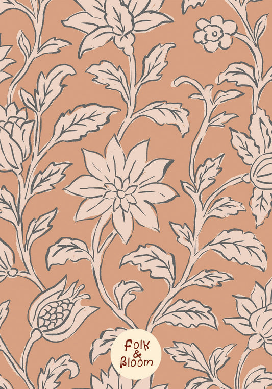 Folklore floral blockprint wallpaper mural for a cosy room with delicate terracotta flowers.
