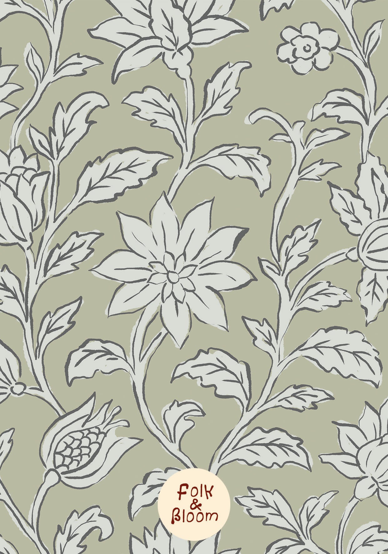 Folklore floral wallpaper mural for girls’ bedroom with delicate pastel flowers.