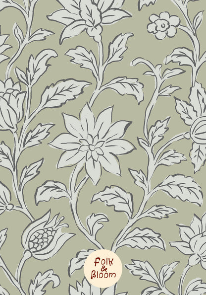 Folklore floral wallpaper mural for girls’ bedroom with delicate pastel flowers.