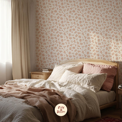 Boho floral kids wallpaper with pastel botanical design.