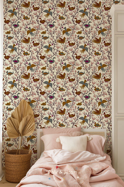 Children's Wallpaper - Folk Birds Ochre