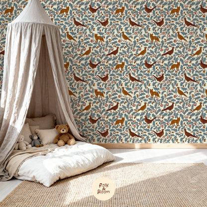 Children's wallpaper on roll - Fox and Pheasant