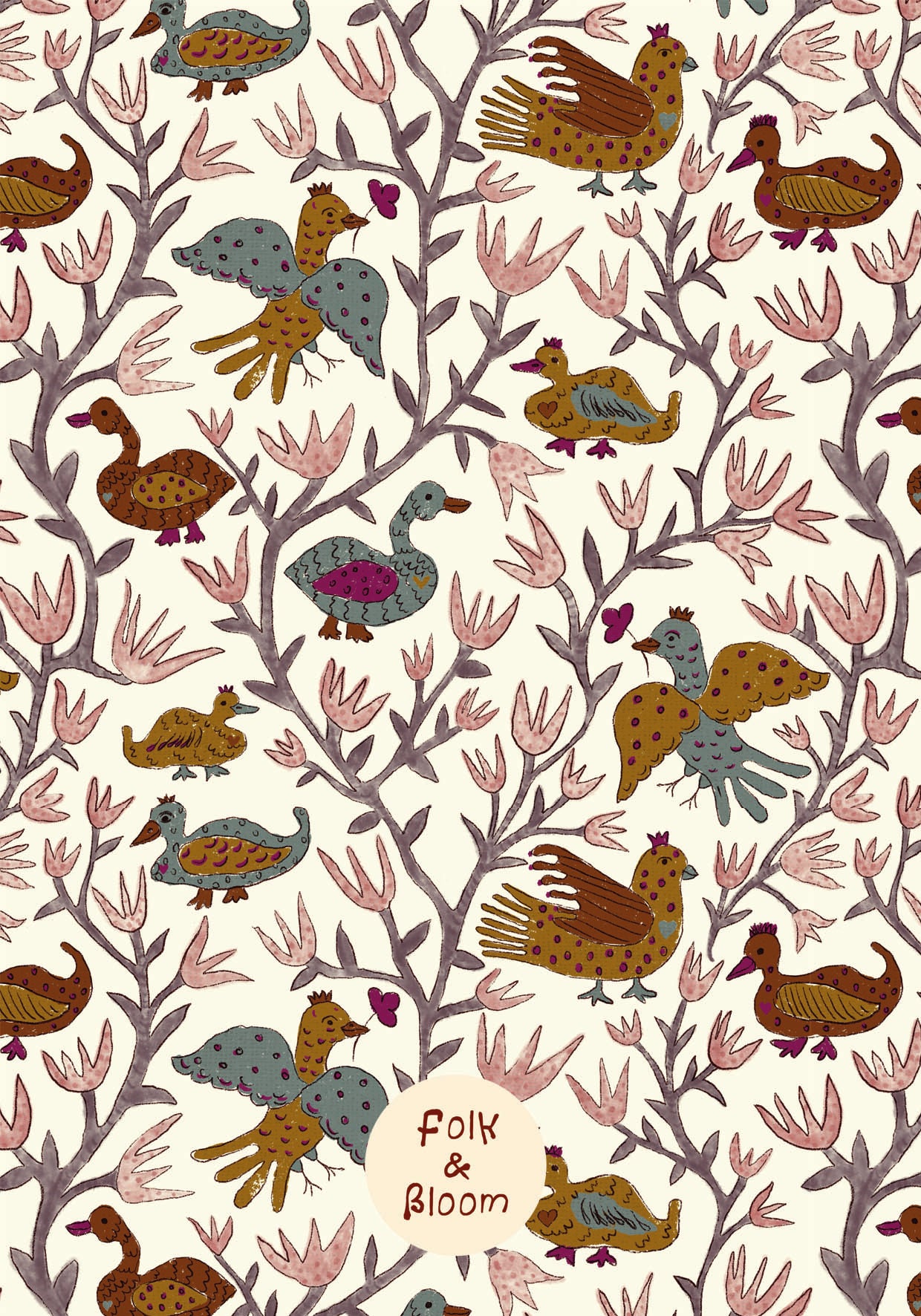 Children's Wallpaper - Folk Birds Ochre