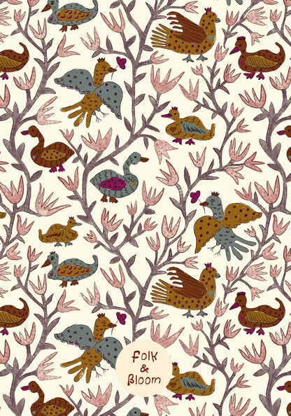 Children's Wallpaper - Folk Birds Ochre