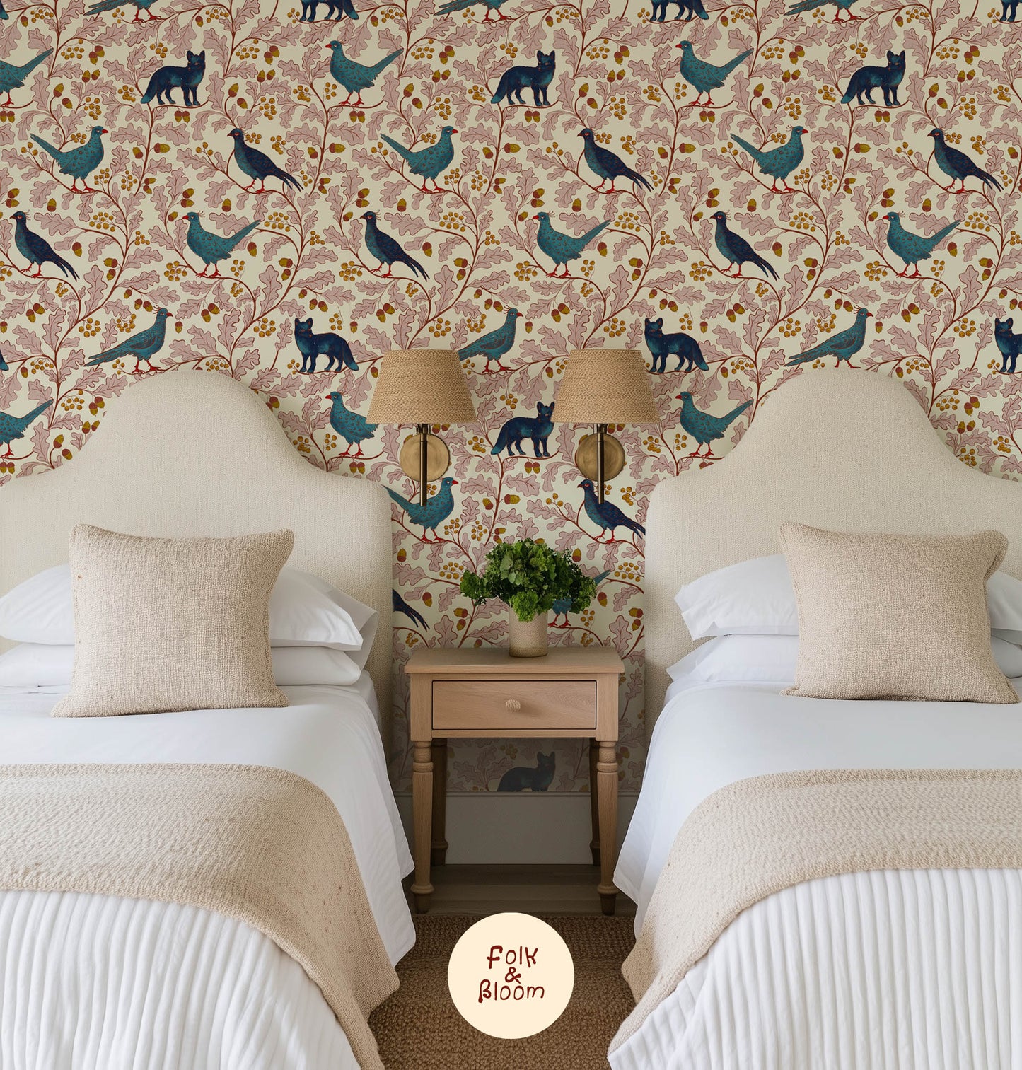 Children's wallpaper on roll - Fox and Pheasant Pink