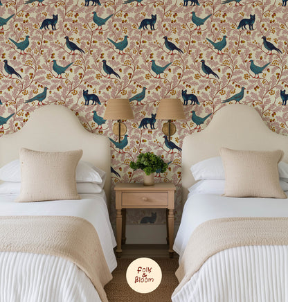 Children's wallpaper on roll - Fox and Pheasant Pink