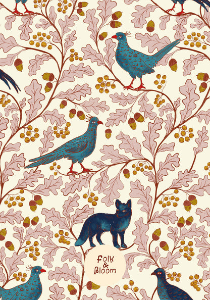 Children's wallpaper on roll - Fox and Pheasant Pink