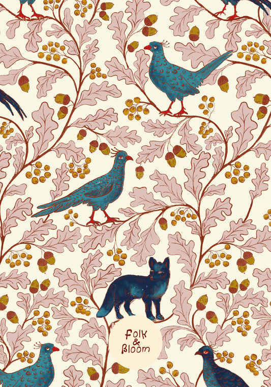 Children's wallpaper on roll - Fox and Pheasant Pink