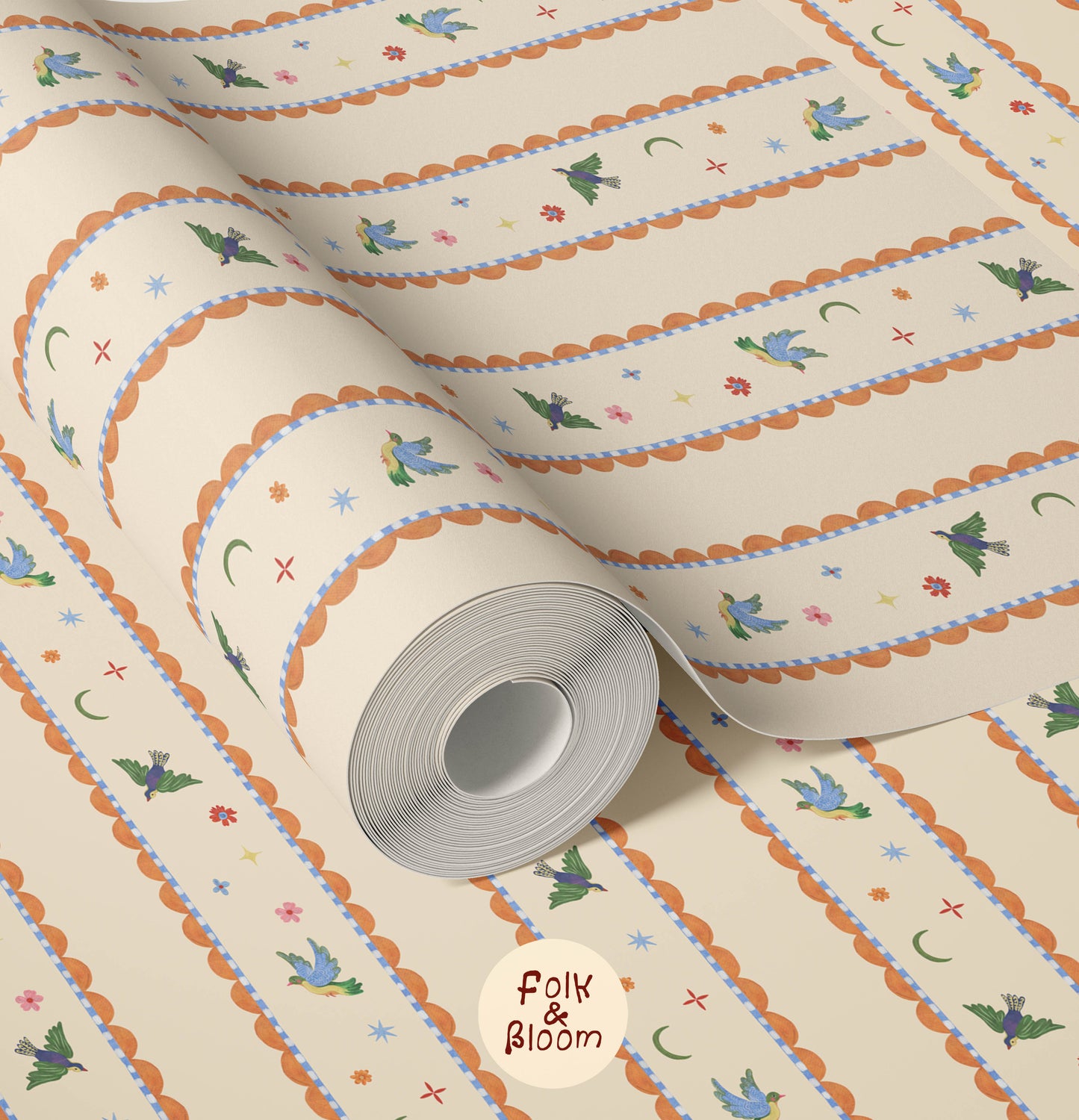 Custom-fit striped wallpaper with birds for baby nursery walls.