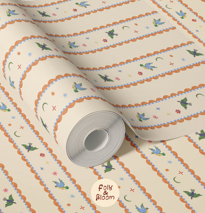 Custom-fit striped wallpaper with birds for baby nursery walls.