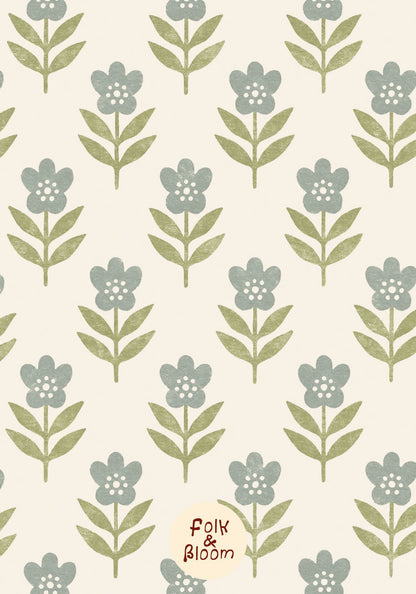 Floral kids wallpaper in botanical folklore style, soft flower pattern on non-woven or vinyl material, perfect for modern girls’ rooms.