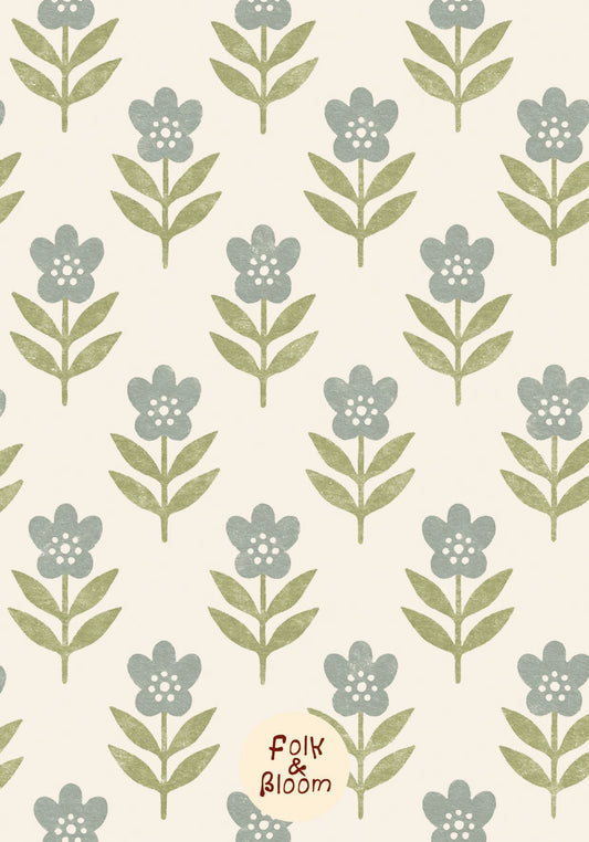 Floral kids wallpaper in botanical folklore style, soft flower pattern on non-woven or vinyl material, perfect for modern girls’ rooms.