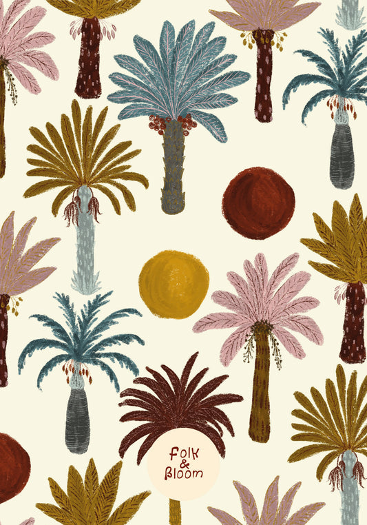 Palm Trees Wallpaper by Folk & Bloom featuring hand-drawn tropical palms in soft pink, blue and ochre tones