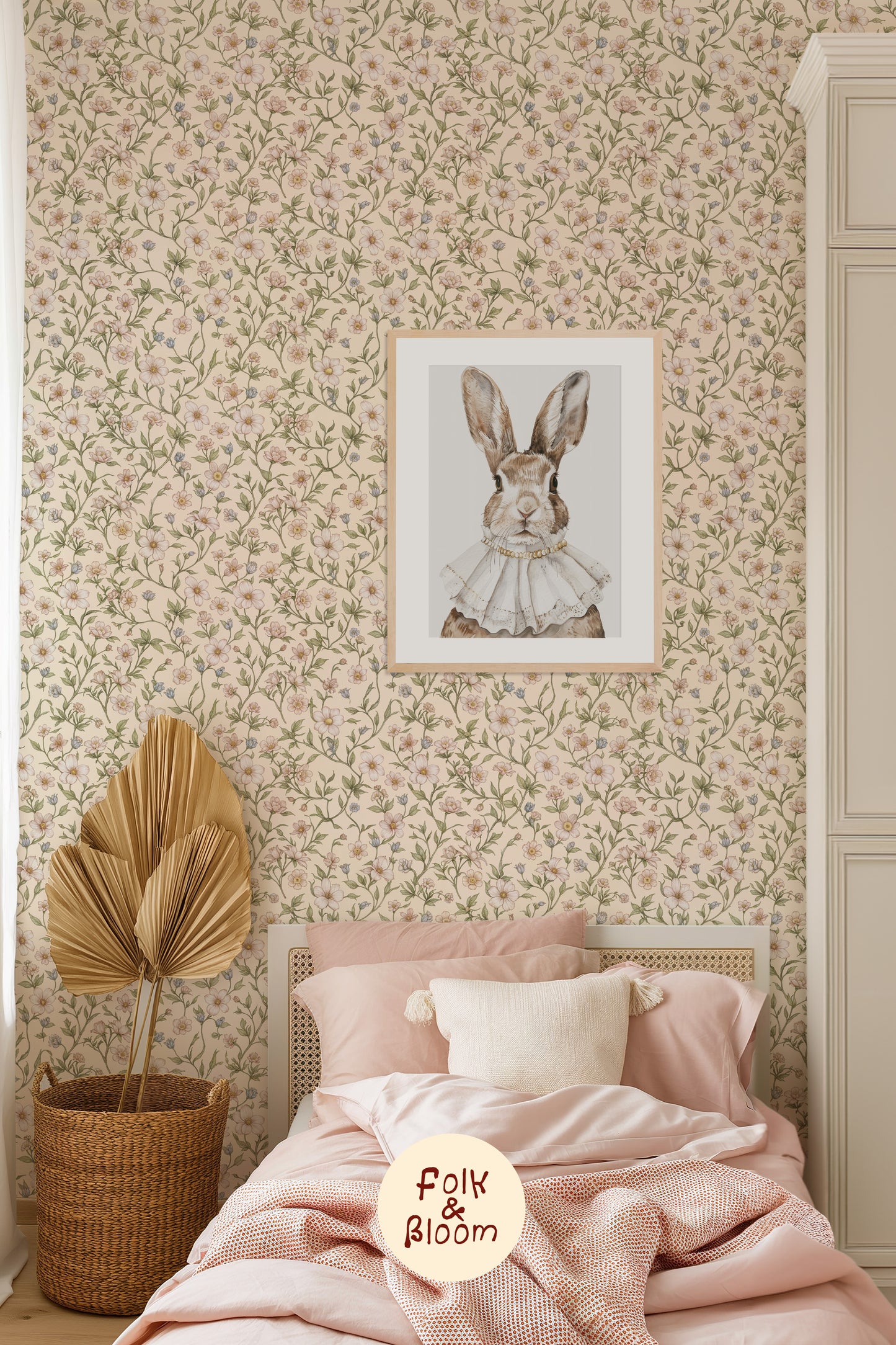 Custom-sized floral wallpaper with soft botanical pattern for modern children’s interiors.