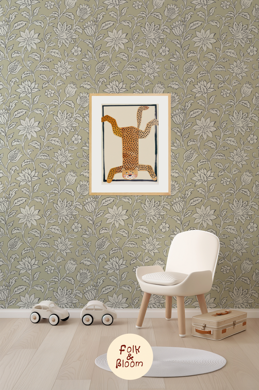 Folklore floral wallpaper mural for girls’ bedroom with delicate pastel flowers.