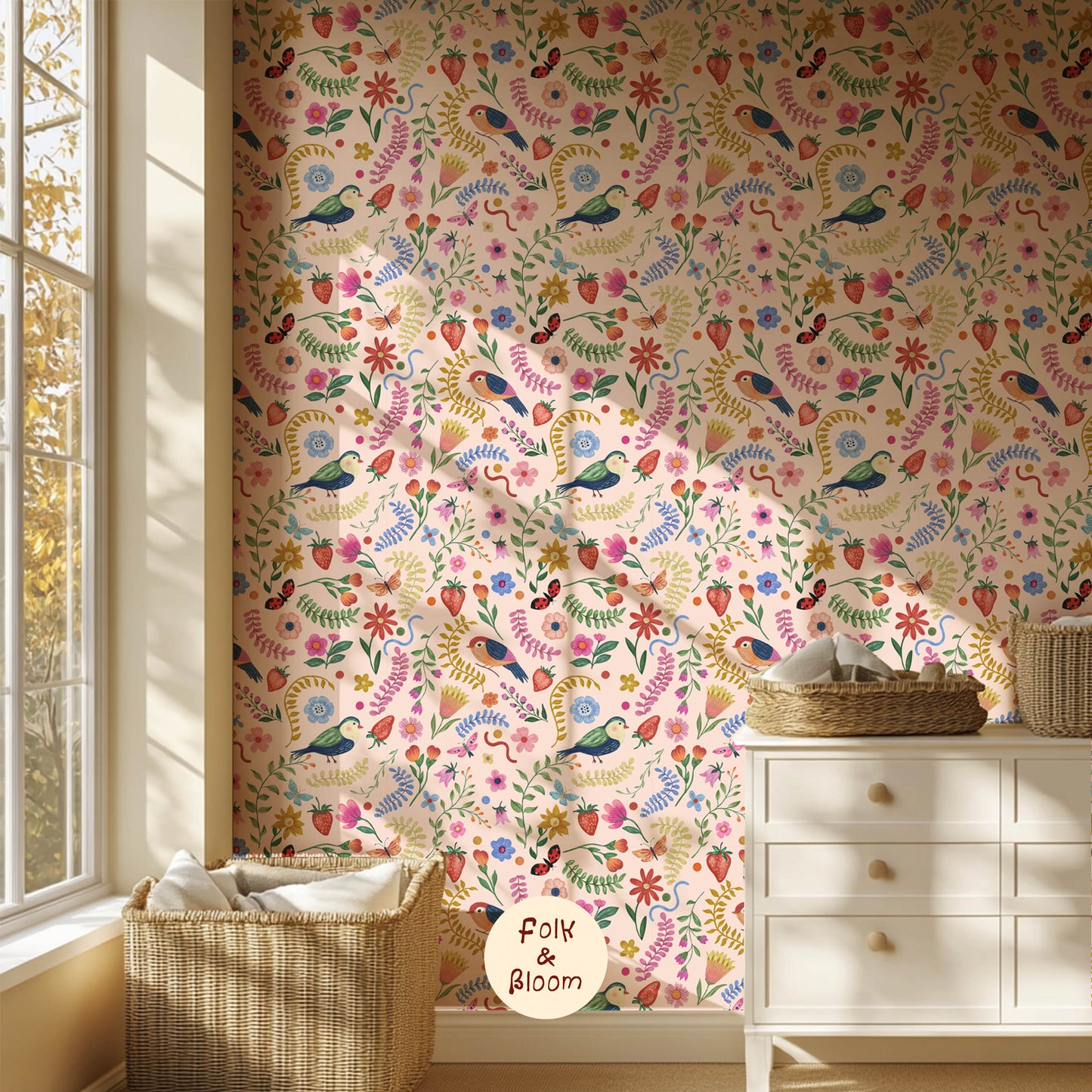 Children's wallpaper on roll - Birds Pink