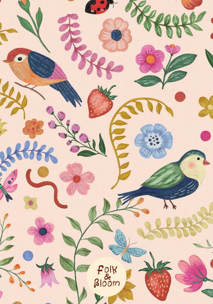 Children's wallpaper on roll - Birds Pink