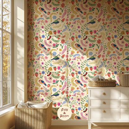 Children's wallpaper on roll - Birds Butter Yellow