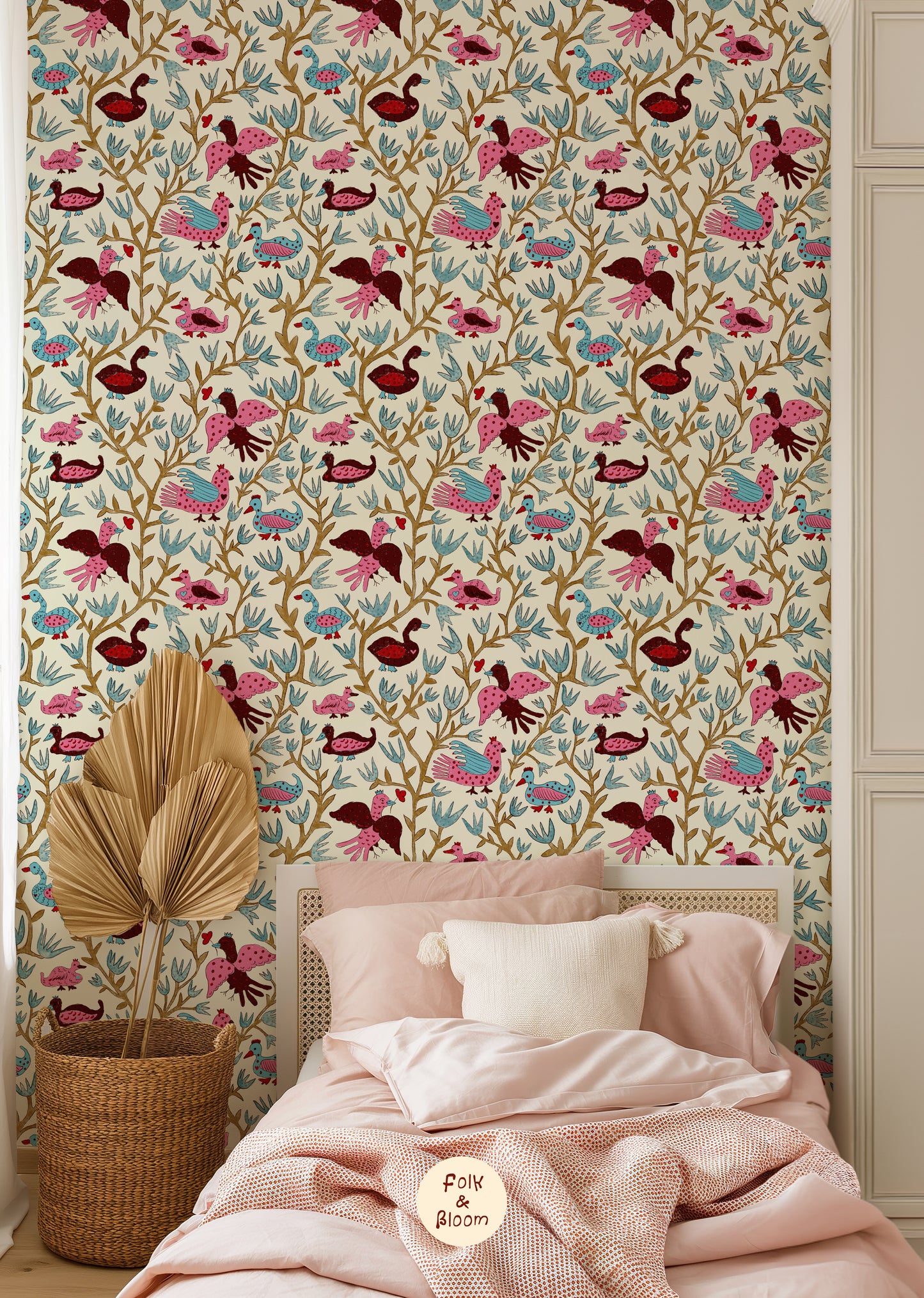 Children's Wallpaper - Folk Birds Hot Pink