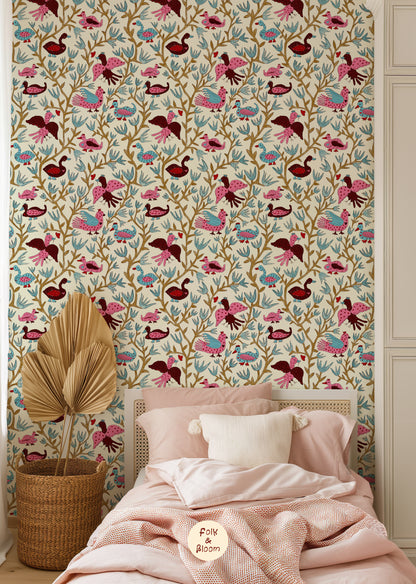 Children's Wallpaper - Folk Birds Hot Pink