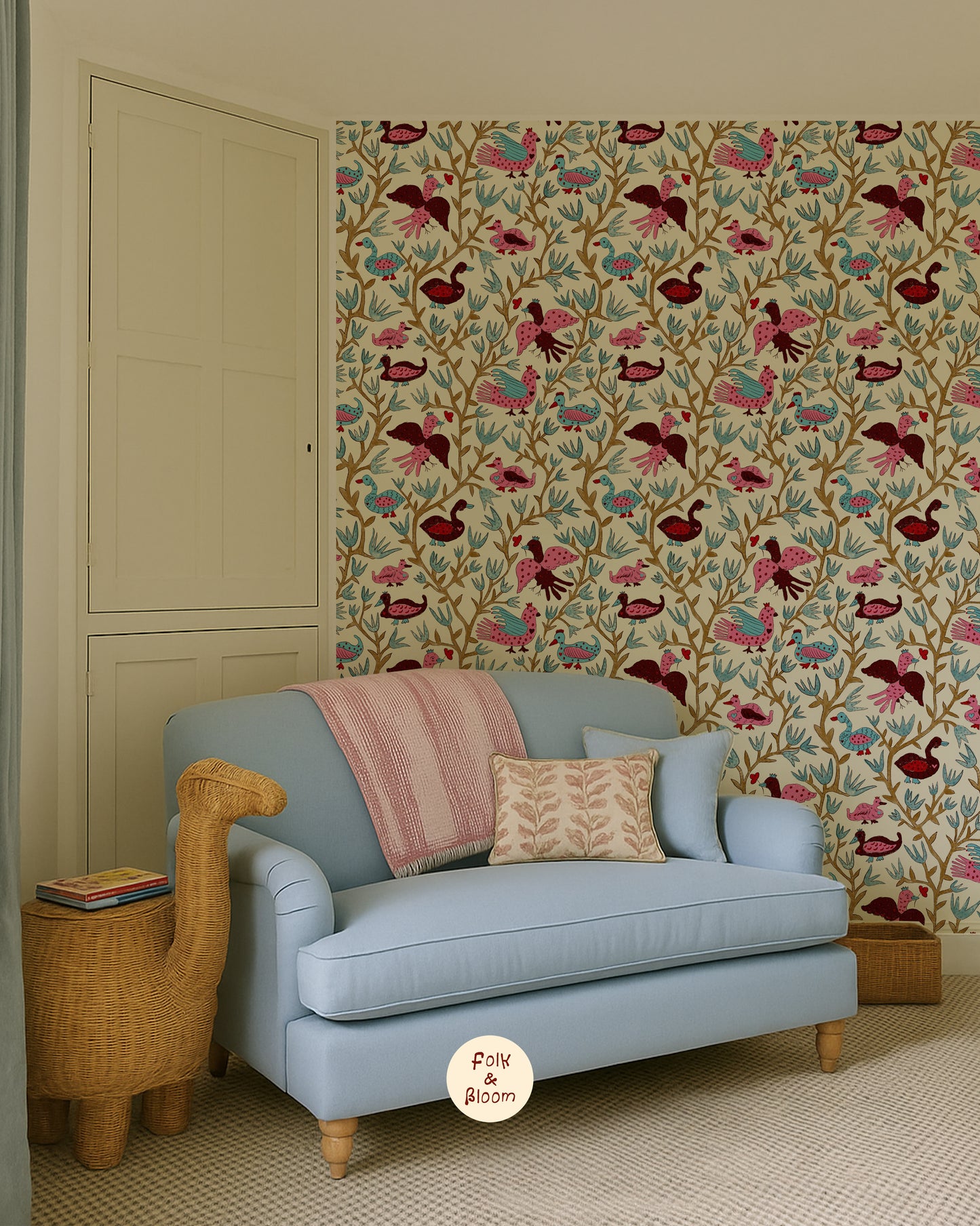 Children's Wallpaper - Folk Birds Hot Pink