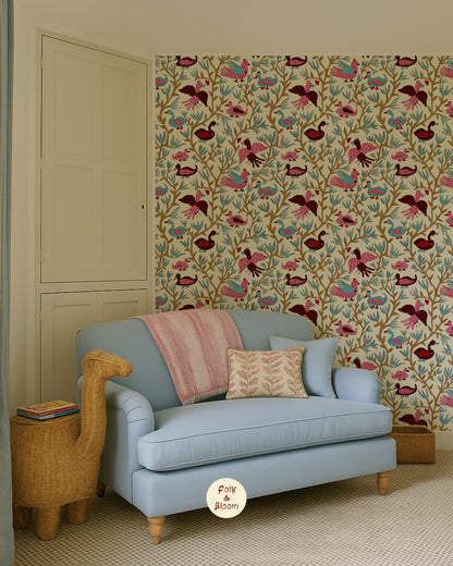 Children's Wallpaper - Folk Birds Hot Pink