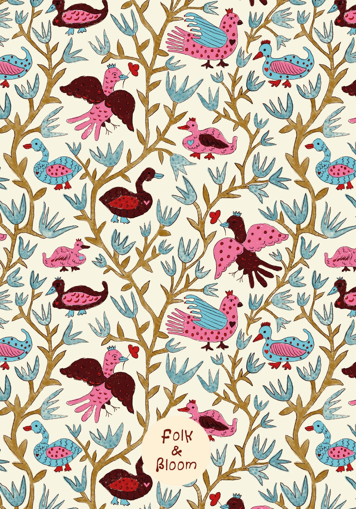 Children's Wallpaper - Folk Birds Hot Pink