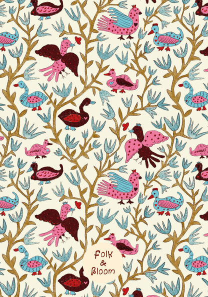 Children's Wallpaper - Folk Birds Hot Pink
