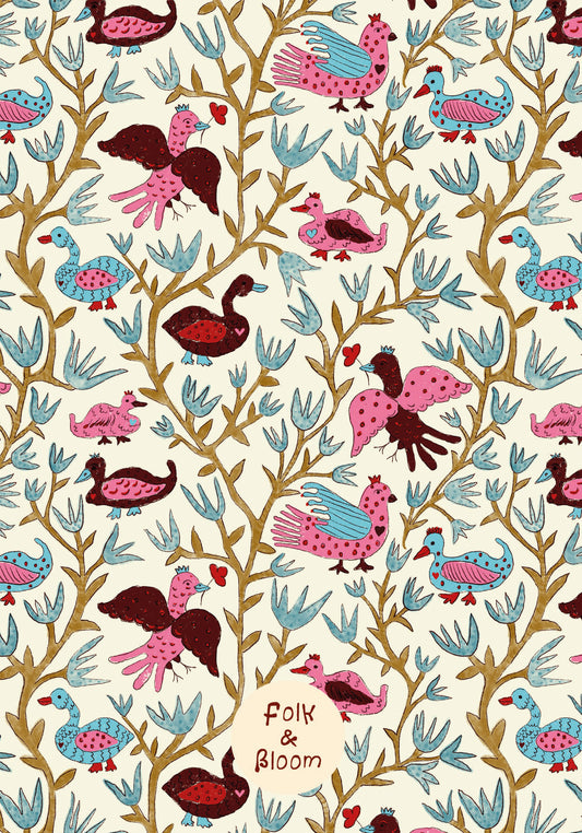 Children's Wallpaper - Folk Birds Hot Pink