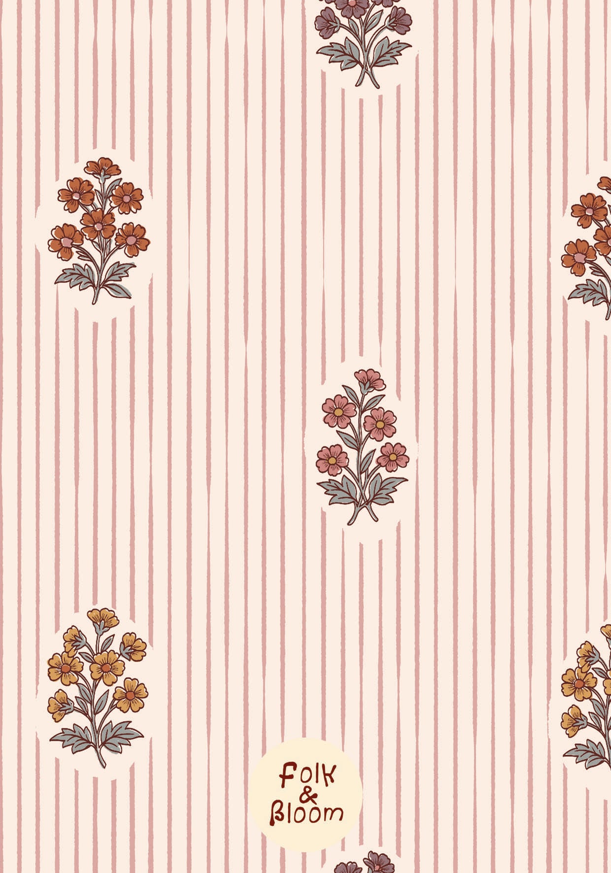 Soft flower print wallpaper for girls’ rooms in Scandinavian folklore style.