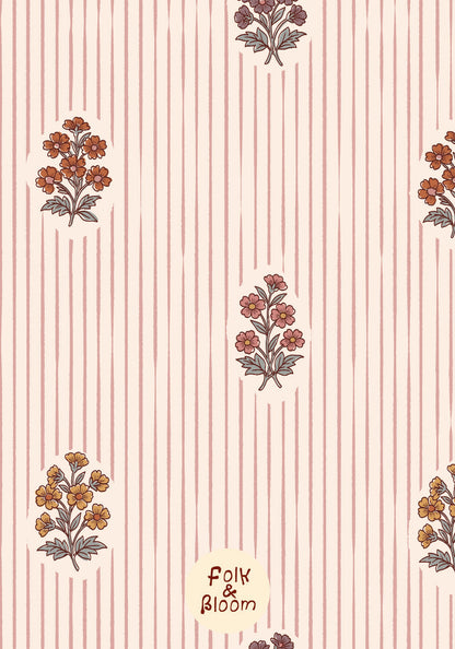Soft flower print wallpaper for girls’ rooms in Scandinavian folklore style.