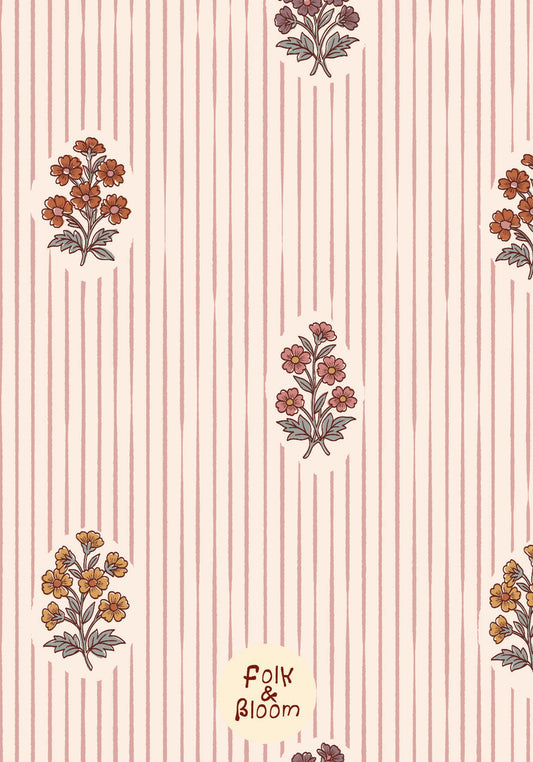 Soft flower print wallpaper for girls’ rooms in Scandinavian folklore style.