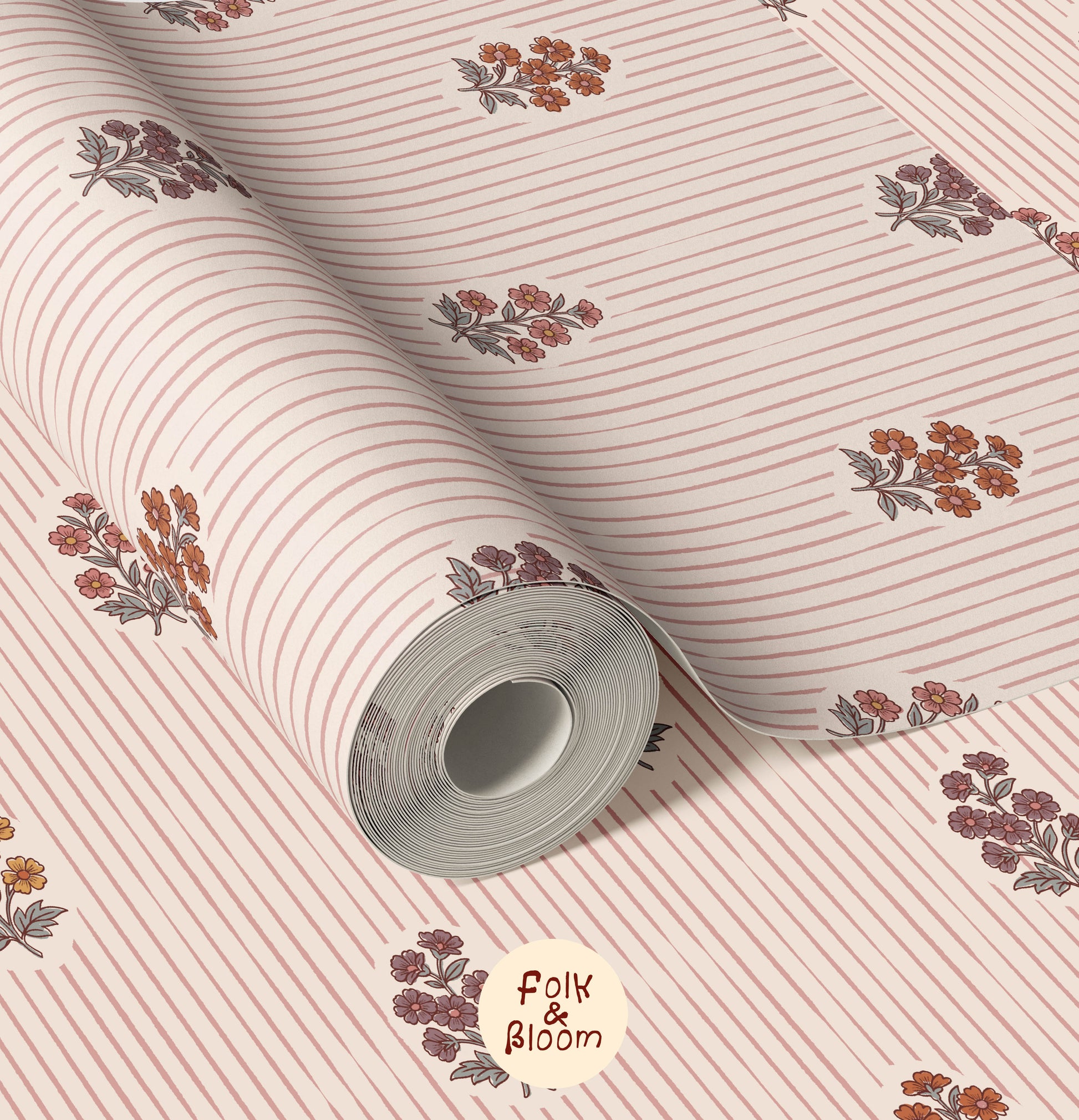 Soft flower print wallpaper for girls’ rooms in Scandinavian folklore style.